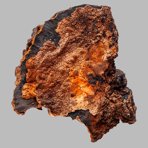Dried chaga chunk showing its rusty orange interior
